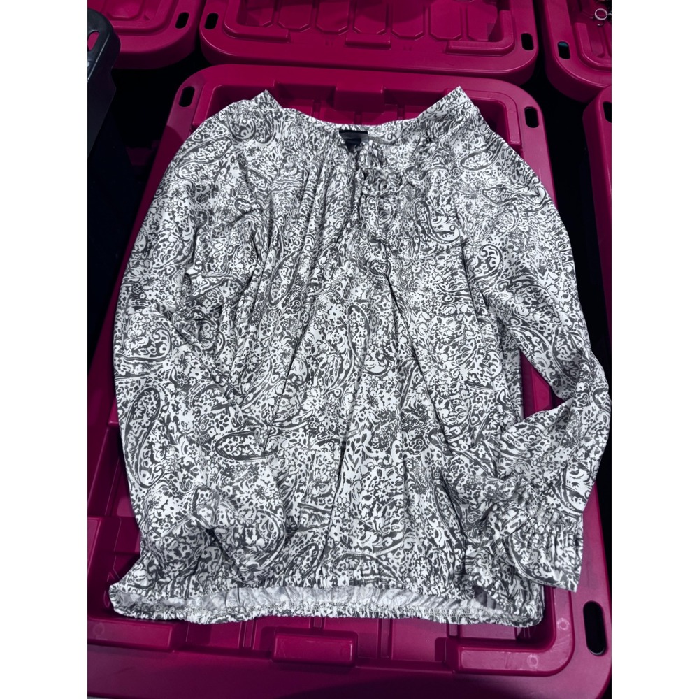 Daytrip Womens XL Grey White Paisley Long Sleeve Ruffle Blouse Split Neck Top